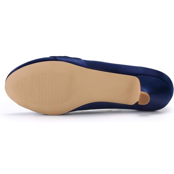 🆕Women's Navy Closed Toe Comfort Kitten Heels Rhinestones Satin Wedding - Picture 7 of 7